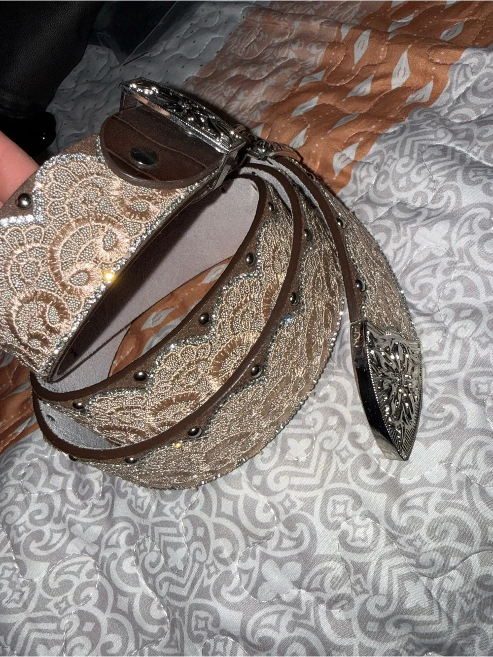 Women's Embellished Brown Western Belt with Silver Buckle
